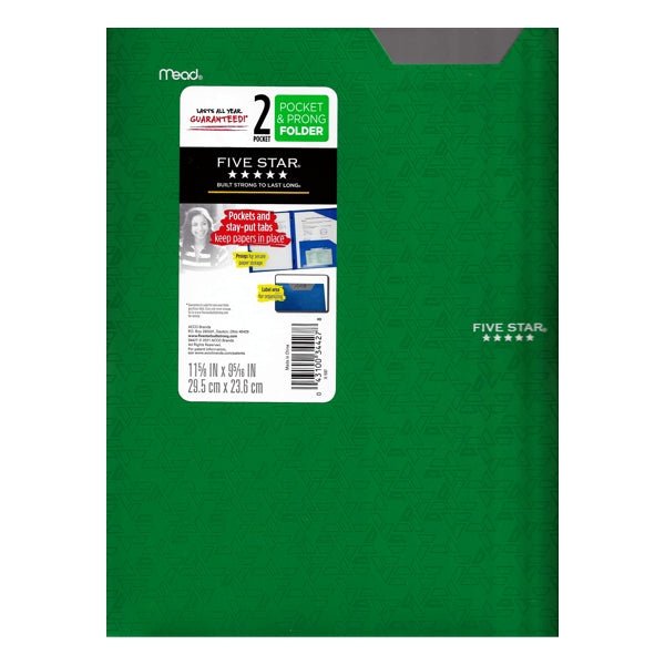 Mead Five Star 2-Pocket Prong Plastic Portfolio Folder with Label Area & Small Pocket (Select Color) - DollarFanatic.com