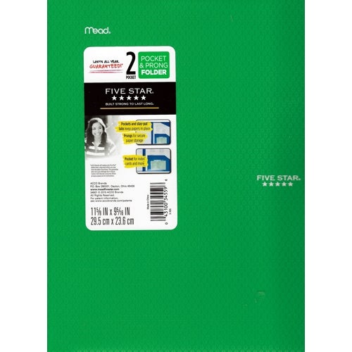 Mead Five Star 2-Pocket Prong Plastic Portfolio Folder (Select Color) - DollarFanatic.com